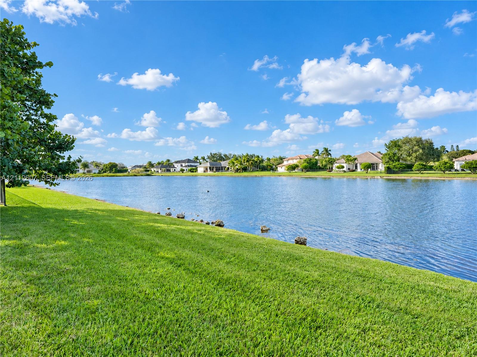 Waterfront lot featuring a grass lawn, rock landscaping, and mature trees