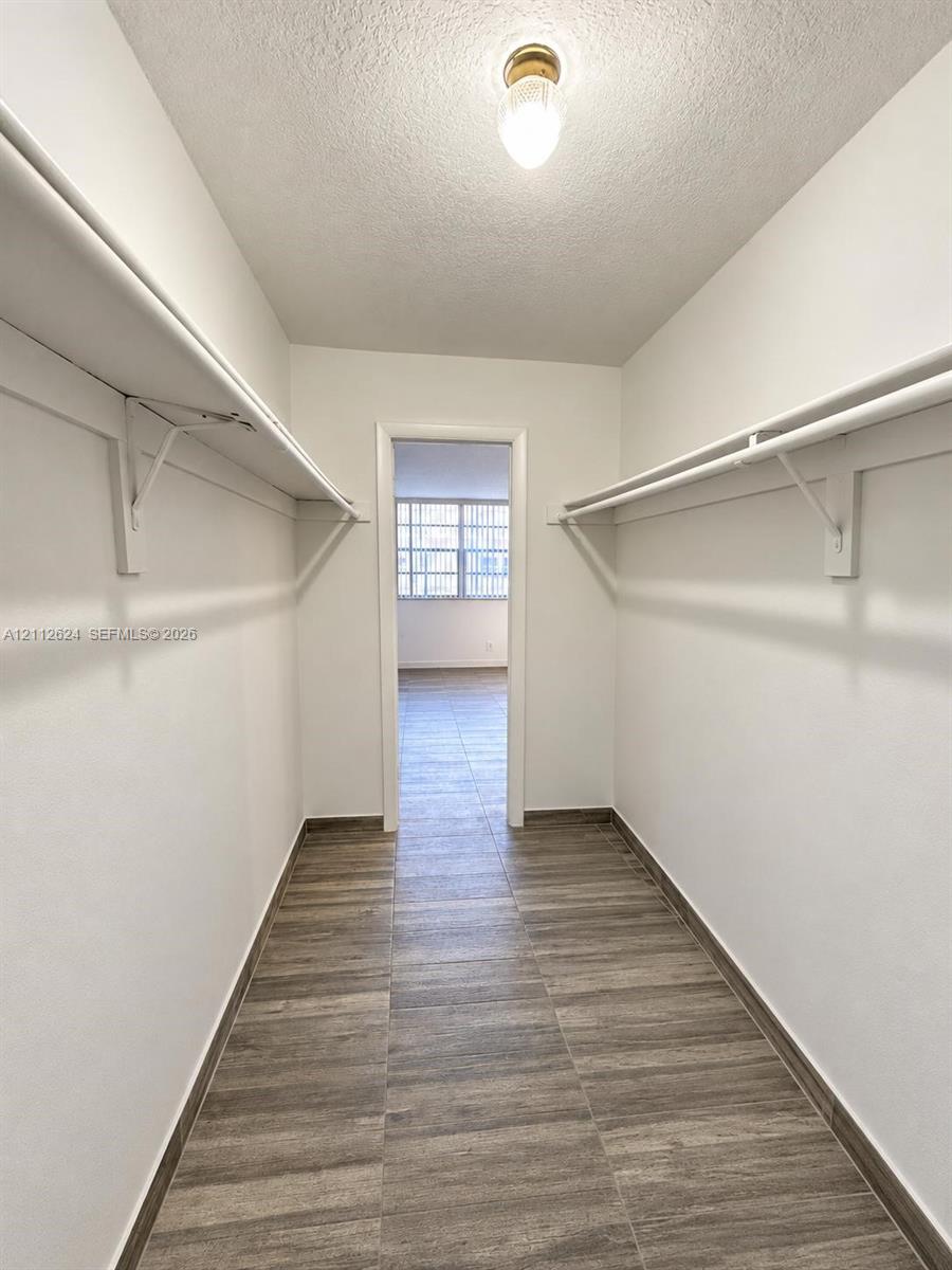 Walk-in closet featuring wood-finish tile flooring, dual-sided built-in shelving, and a ceiling-mounted light fixture
