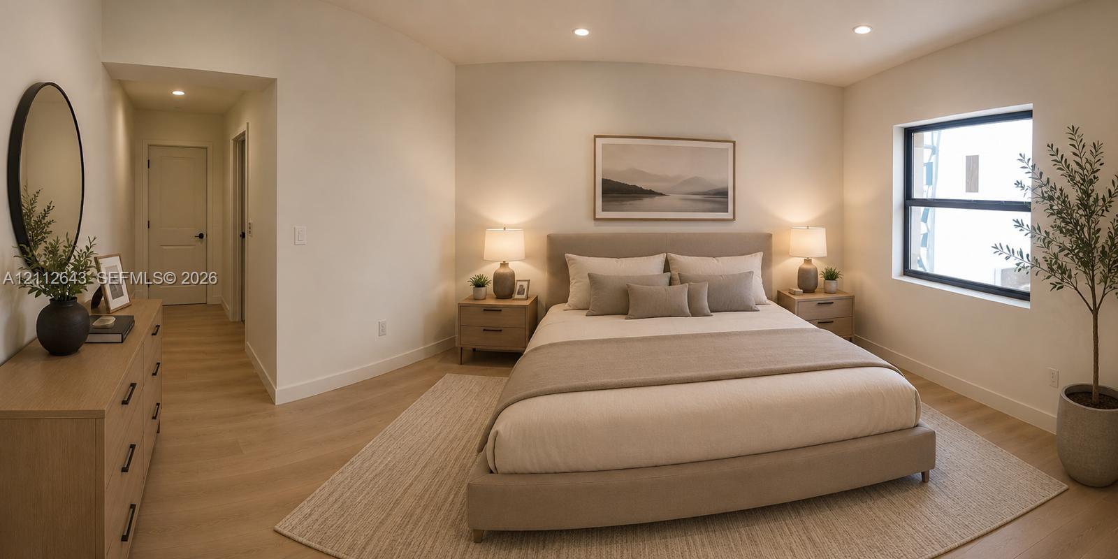 Neutral-toned bedroom featuring wood-finish flooring, recessed lighting, and a single-pane window Neutral-toned bedroom featuring wood-finish flooring, recessed lighting, and a single-pane window