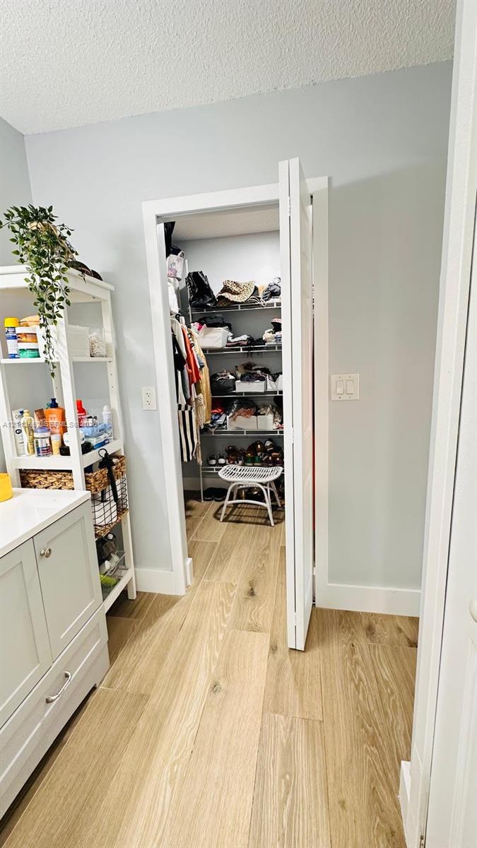 Wood-finish flooring, white cabinetry with a light-toned countertop, and a walk-in closet featuring built-in wire shelving