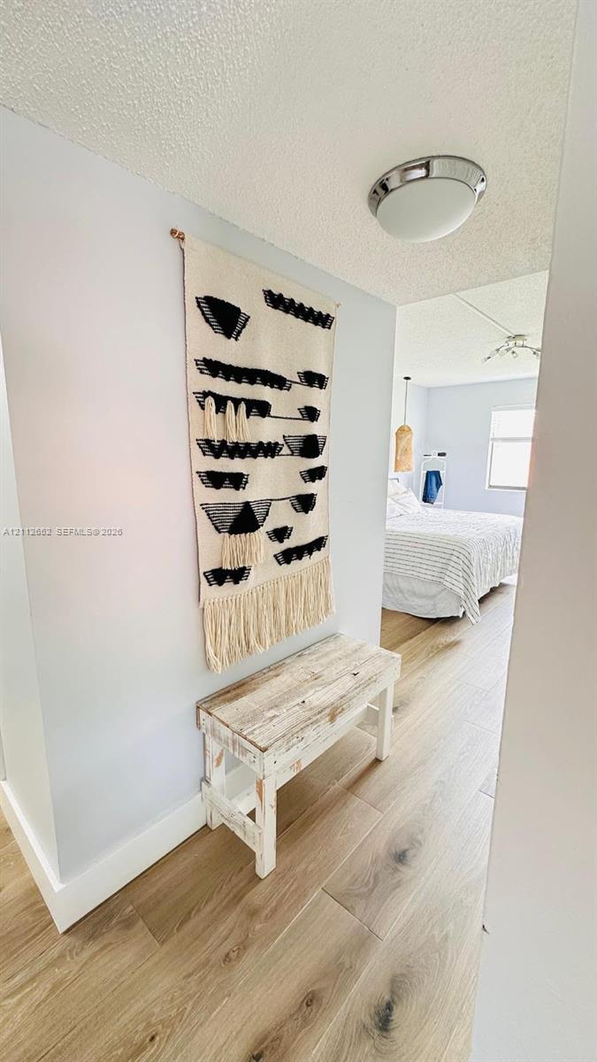 Wood-finish flooring and a chrome flush-mount light fixture