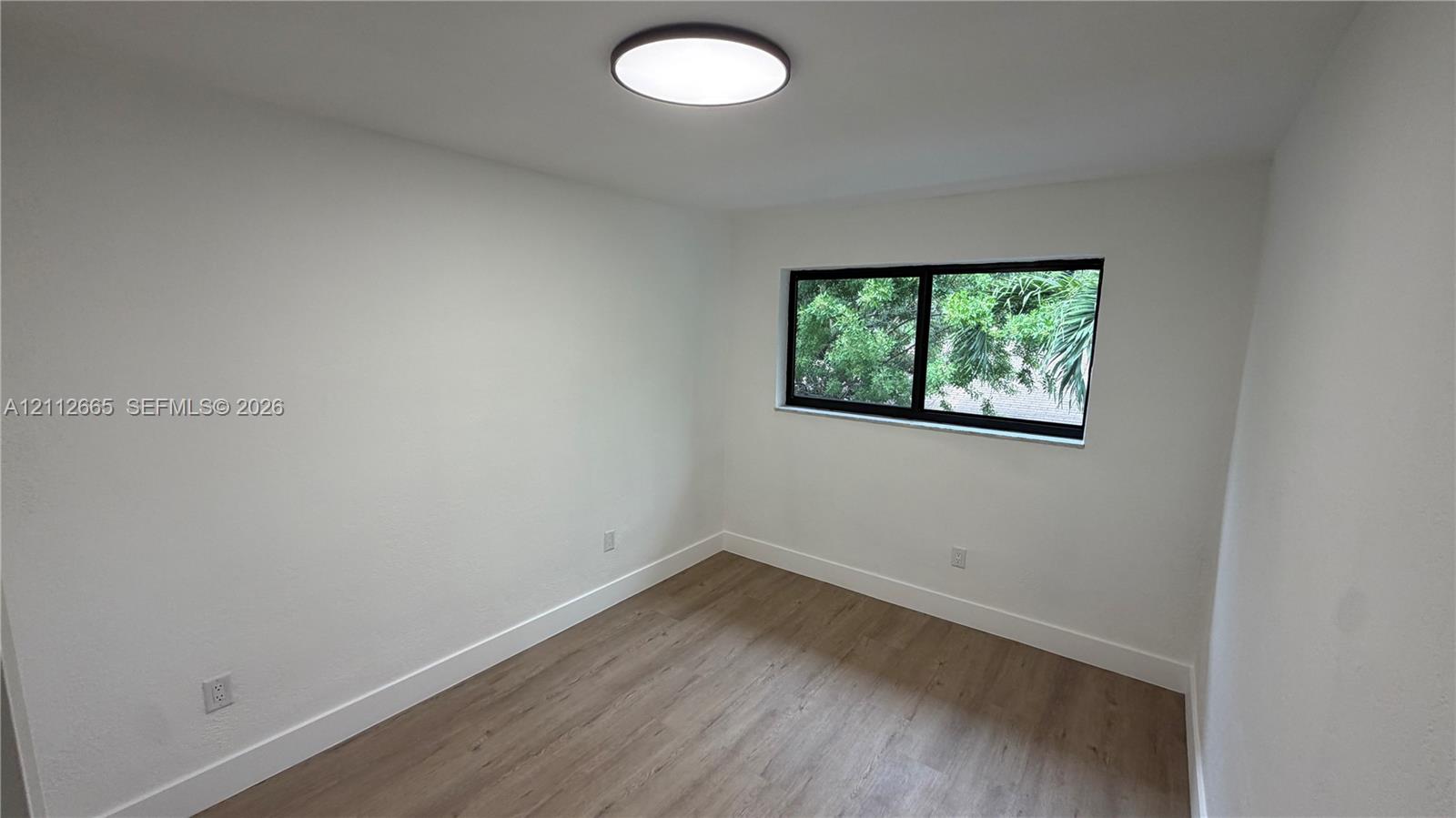 Neutral interior space featuring wood-finish flooring, crisp white walls, a flush-mount ceiling light fixture, and a single-pane window with a black frame