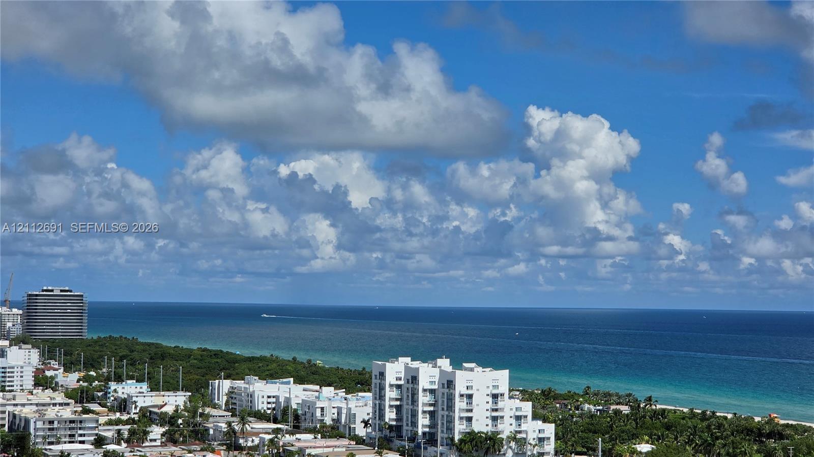 Aerial perspective featuring a panoramic expanse of the ocean, coastline, and tropical canopy