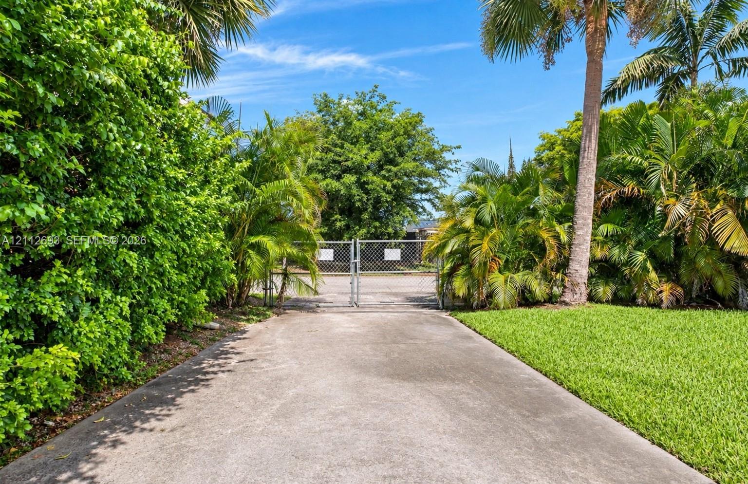 Concrete driveway leading to a gated entry, flanked by mature landscaping, palm trees, and a manicured lawn
