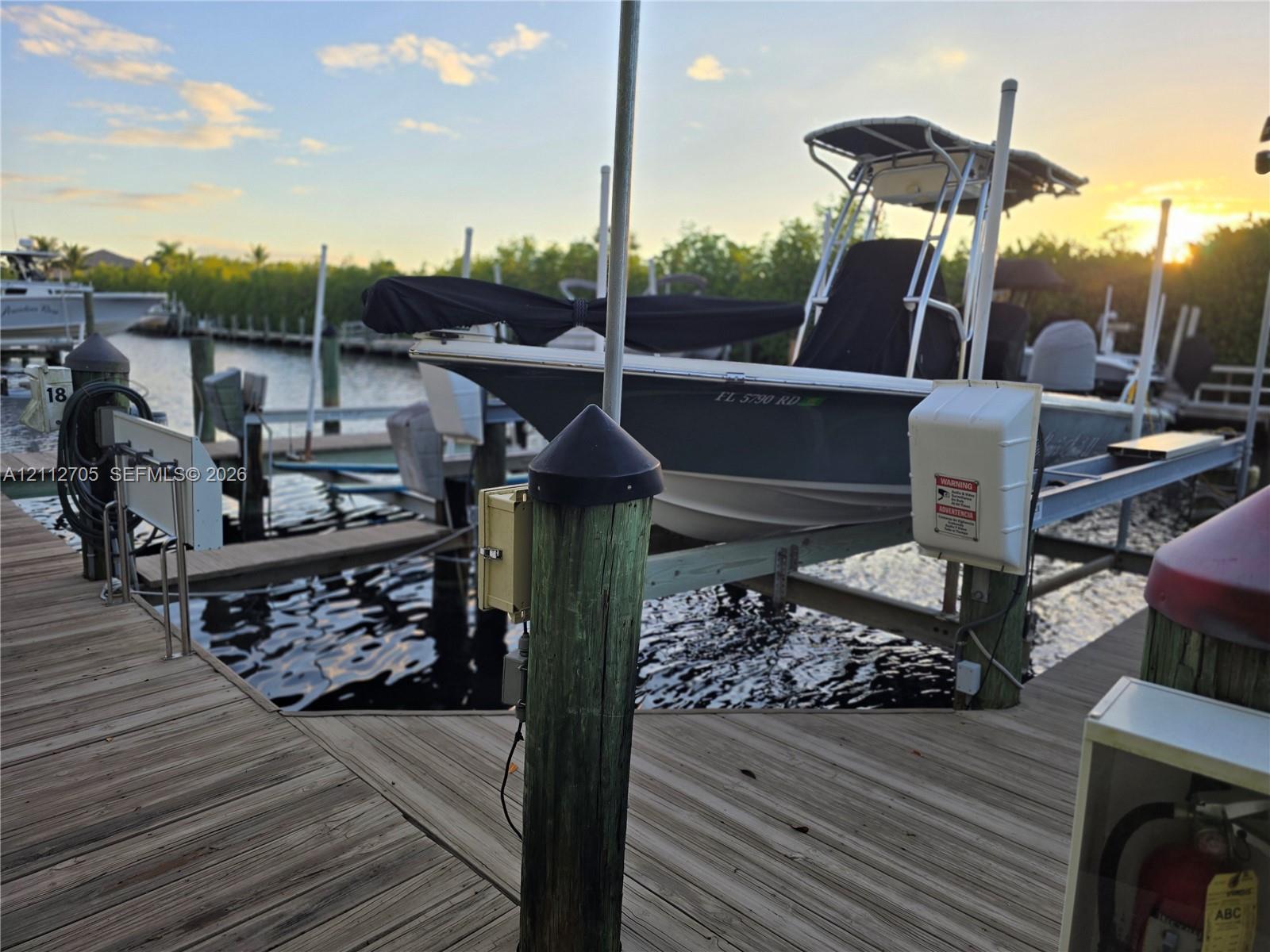 Private boat dock featuring wood decking, structural pilings, and a mechanical boat lift