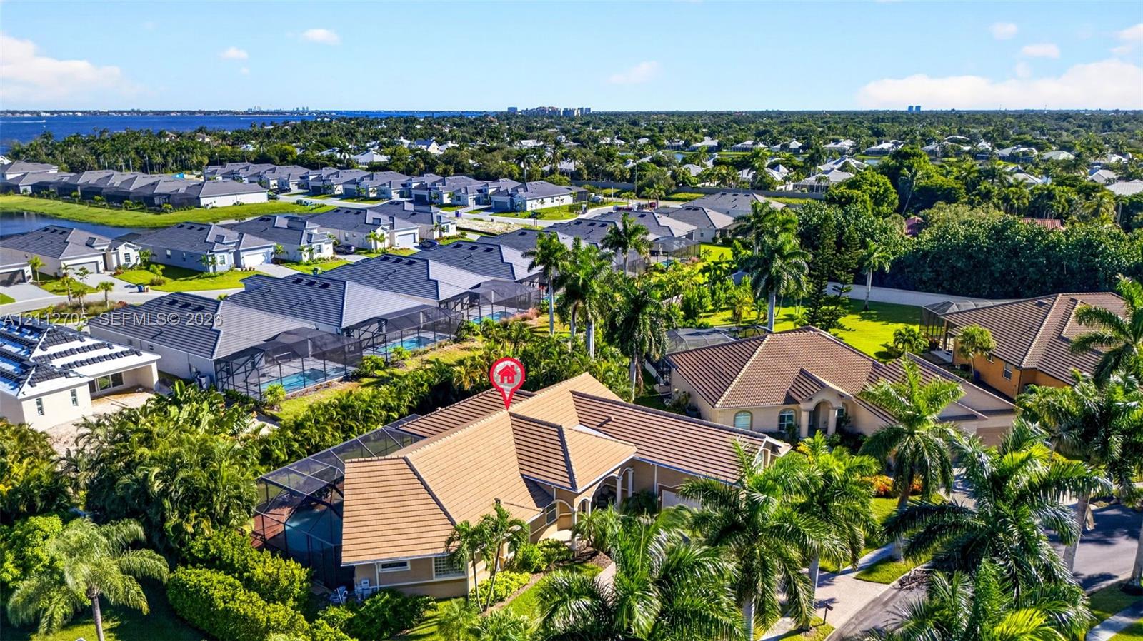 Aerial view featuring a tile-roofed residence, a screened-in lanai, an in-ground swimming pool, and mature palm landscaping