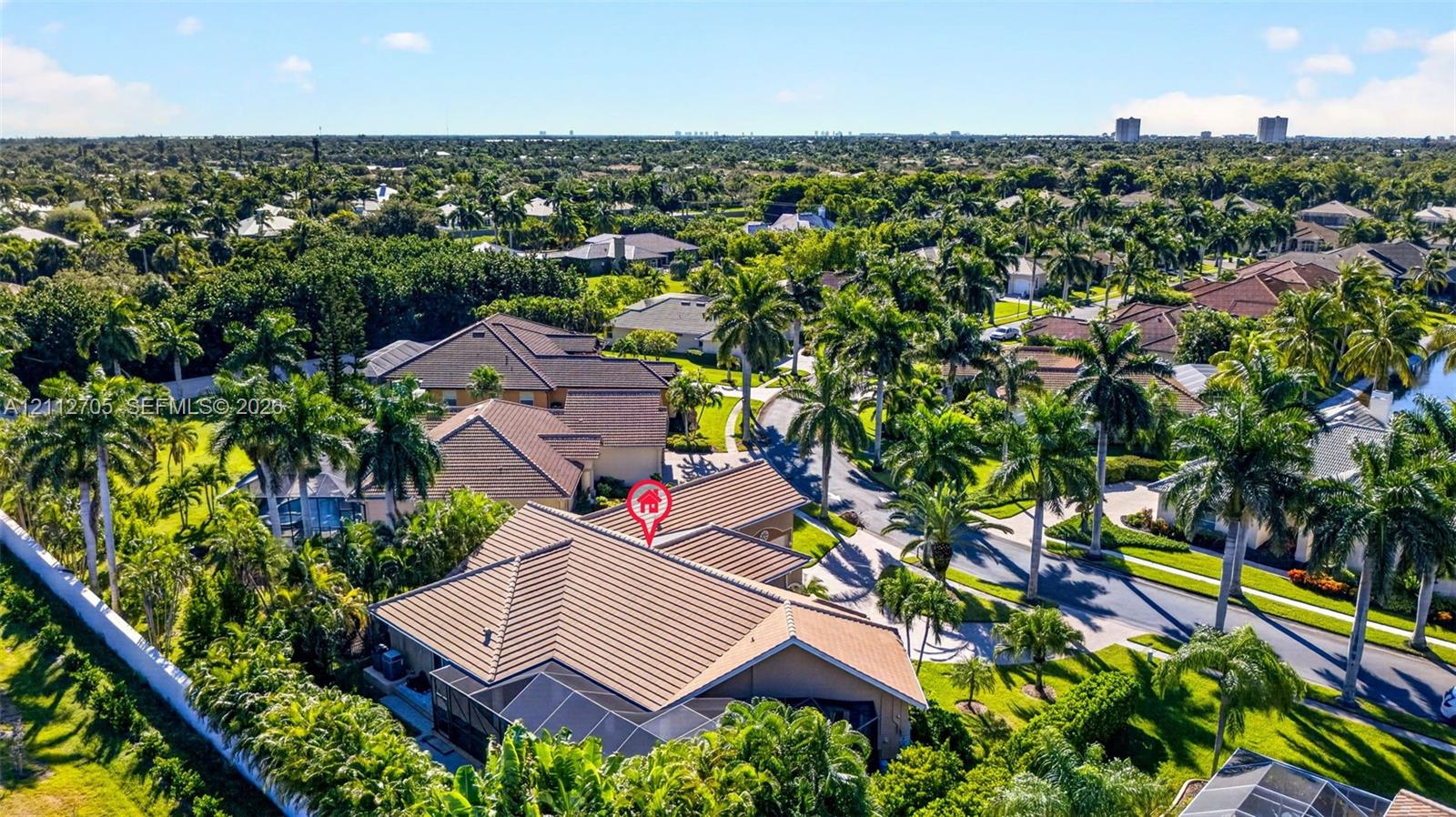 Aerial perspective of a multi-hip tile roof property featuring a screened-in lanai, extensive palm tree landscaping, and paved driveway access within a suburban neighborhood setting