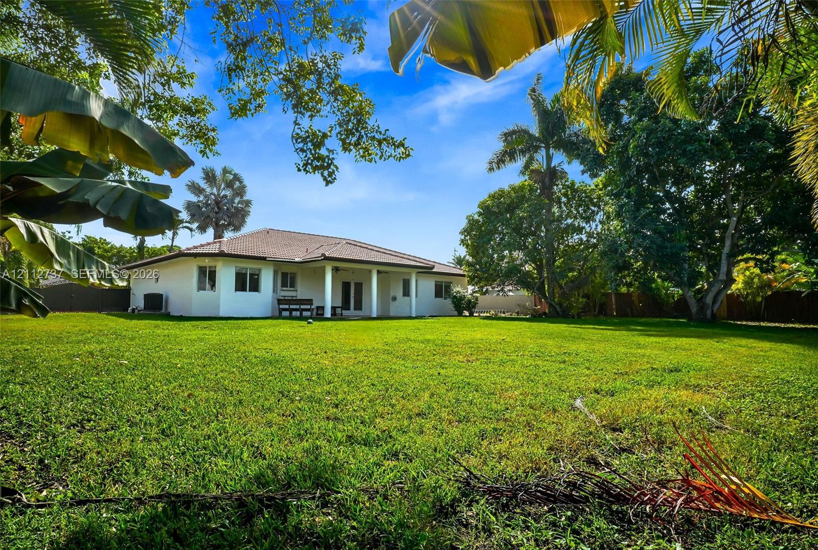 Expansive backyard featuring a sprawling lawn, mature tropical trees, and a covered rear patio