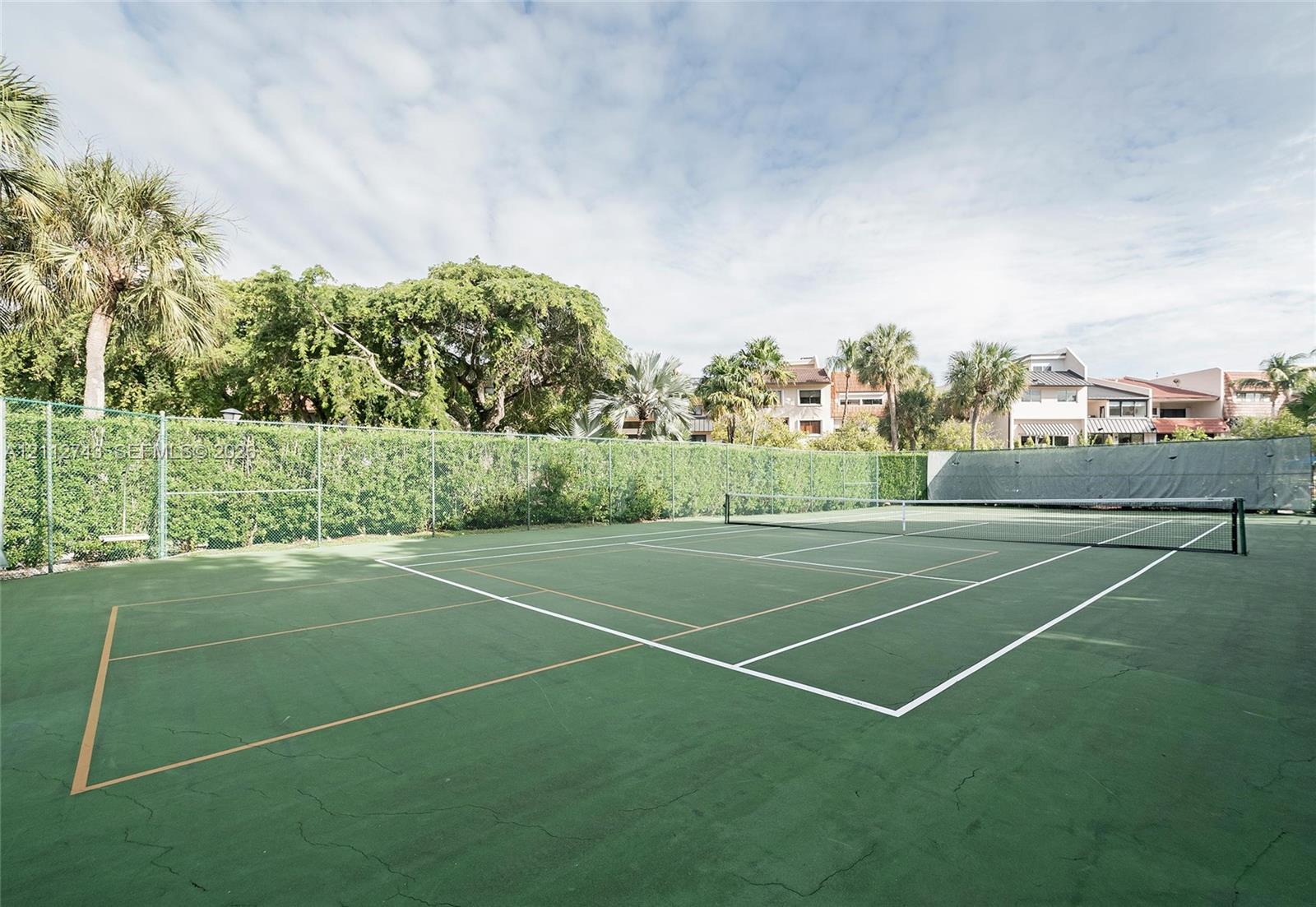 Private tennis/pickleball court featuring a green surface, perimeter chain-link fencing, and mature landscaping