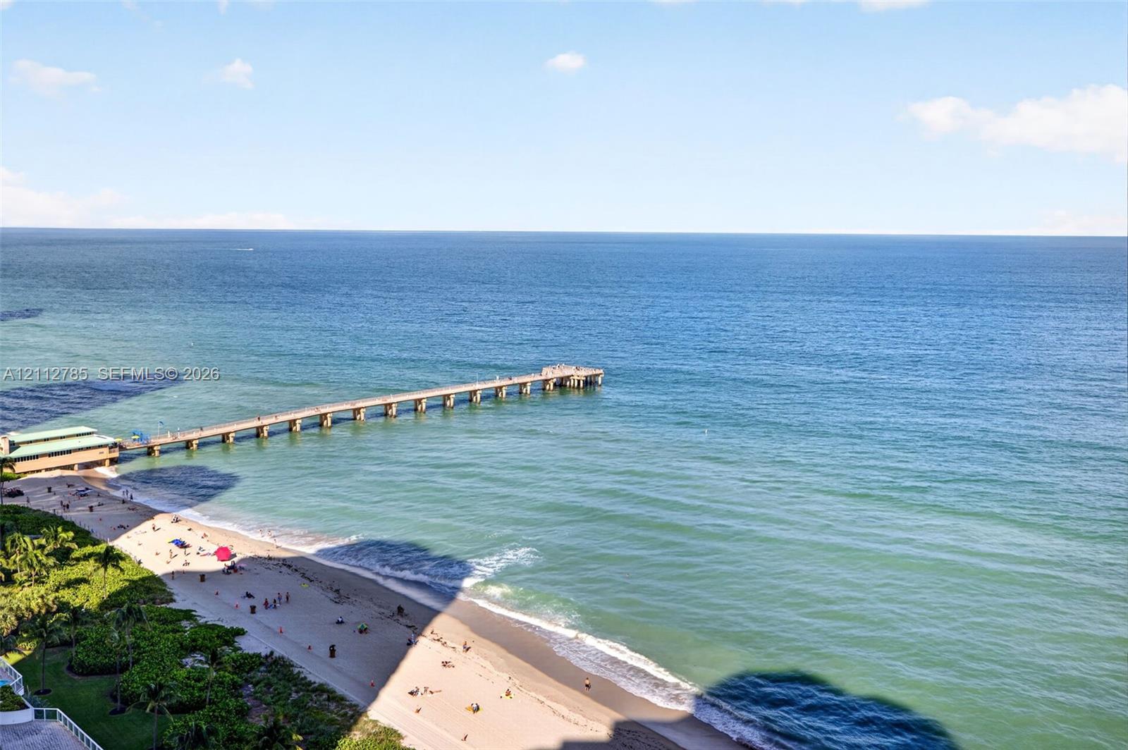 Elevated coastal perspective featuring oceanfront access, a sandy shoreline, and an extended pier