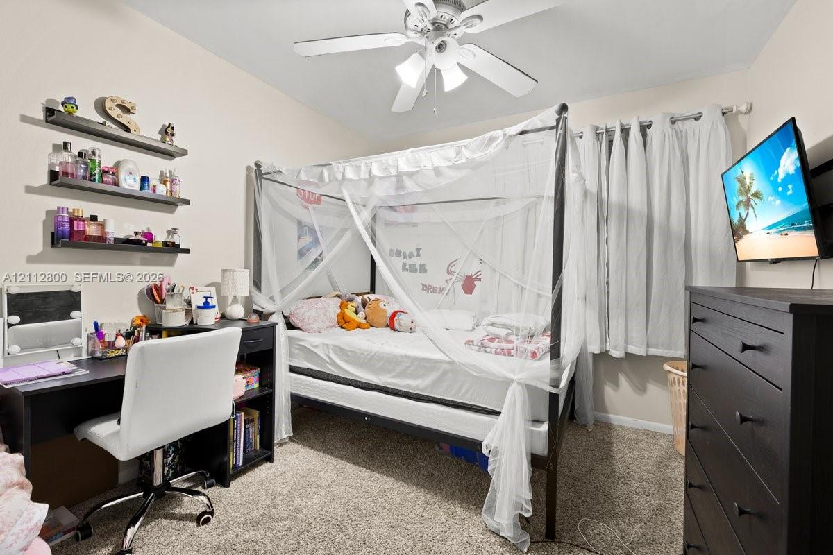 Carpeted interior room featuring a ceiling fan with integrated lighting, two wall-mounted floating shelves, and a window with curtain rod hardware