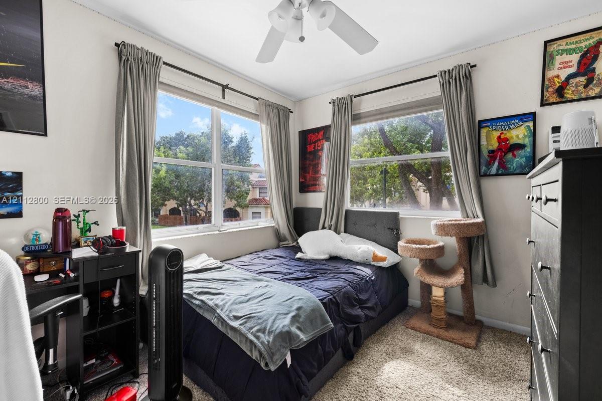 Room featuring neutral wall tones, wall-to-wall carpeting, dual windows, and a ceiling fan