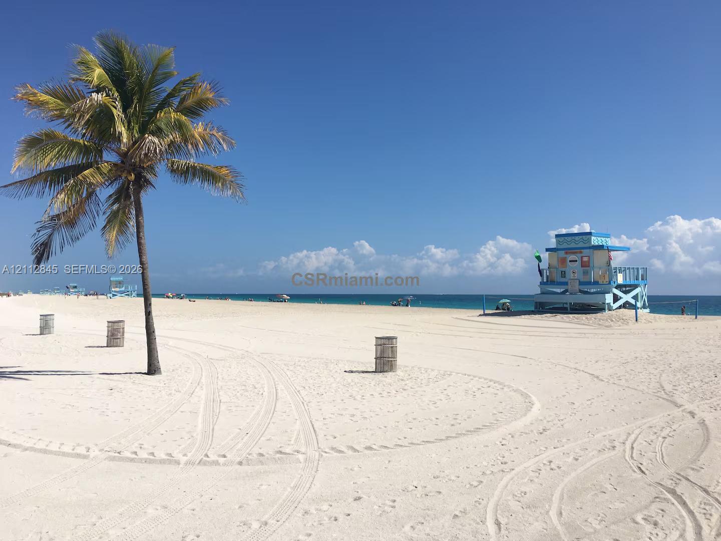 Sandy beach frontage featuring white sand, palm tree, and turquoise ocean water