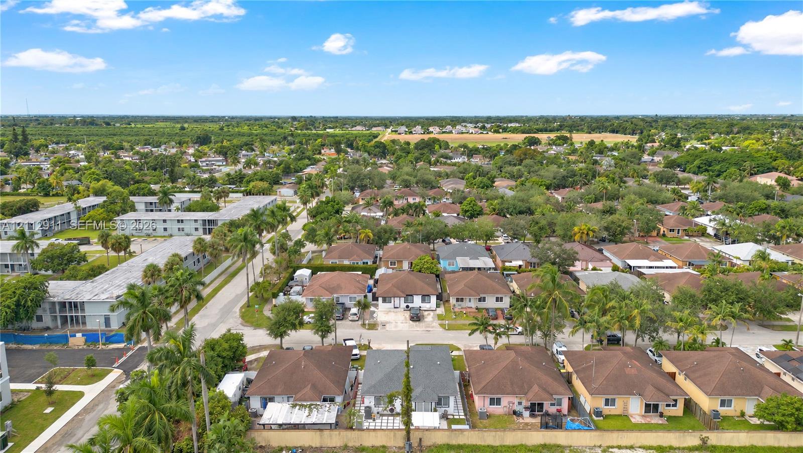 Aerial perspective of a residential neighborhood featuring paved streets, mature palm trees, and diverse single-story architectural styles