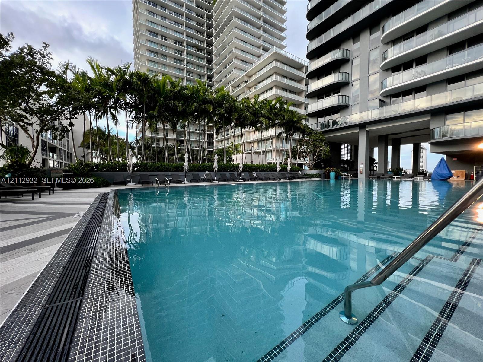 Swimming pool featuring a tiled perimeter, metal handrails, a paved deck, and surrounding palm trees