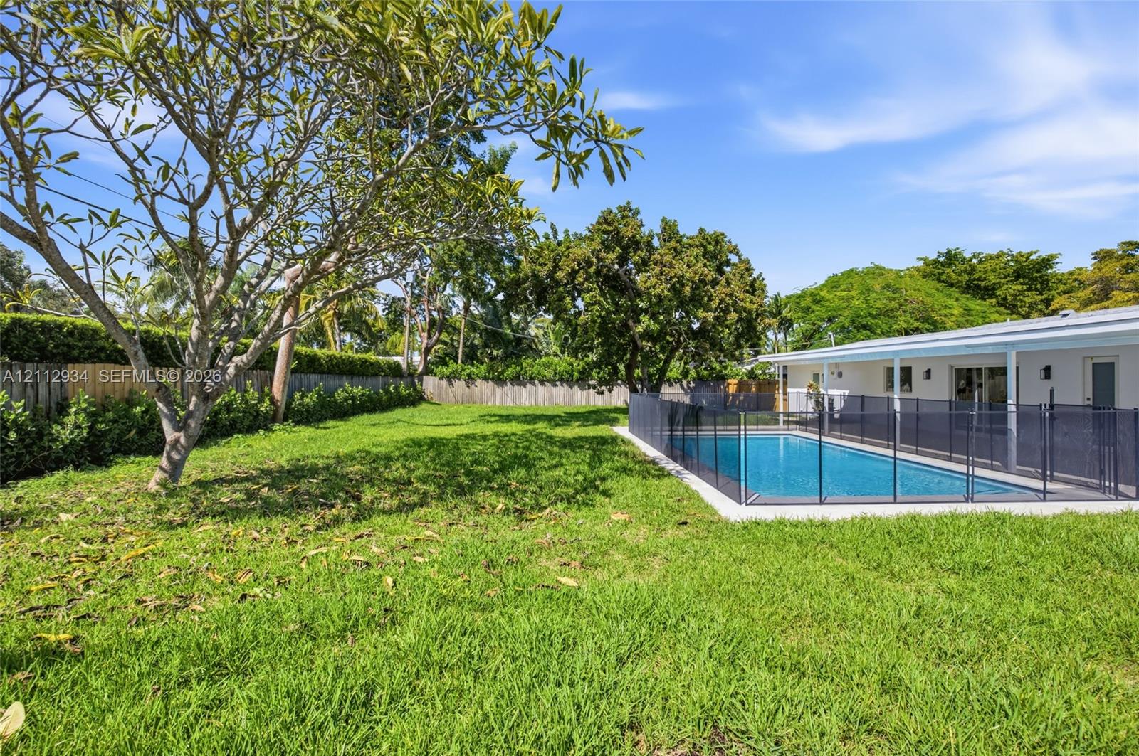 Backyard featuring an in-ground swimming pool with protective metal fencing, concrete decking, mature trees, and perimeter wood fencing