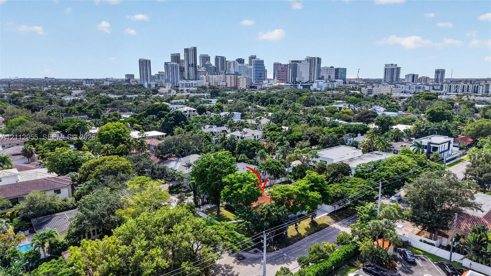 Aerial perspective of a residential lot featuring mature canopy trees, proximity to urban infrastructure, and a skyline backdrop