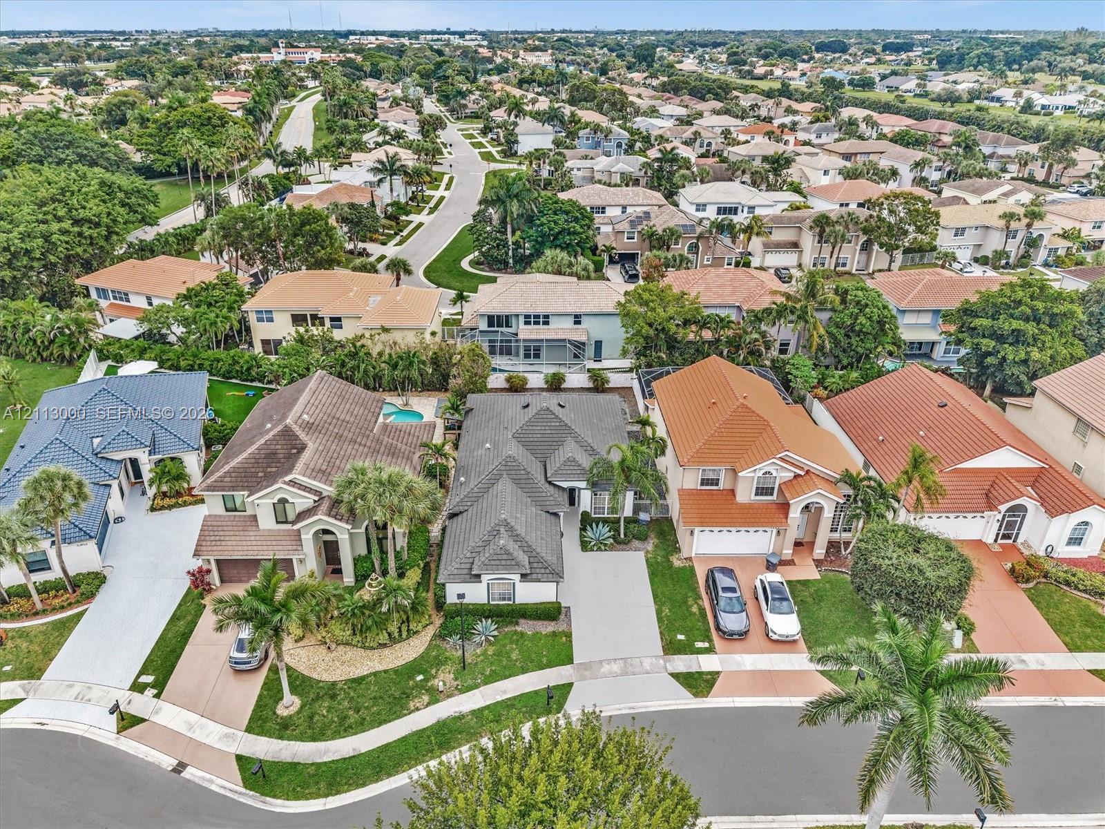 Aerial perspective of a suburban neighborhood featuring multi-story single-family residences, concrete driveways, tile roofing, and mature landscaping