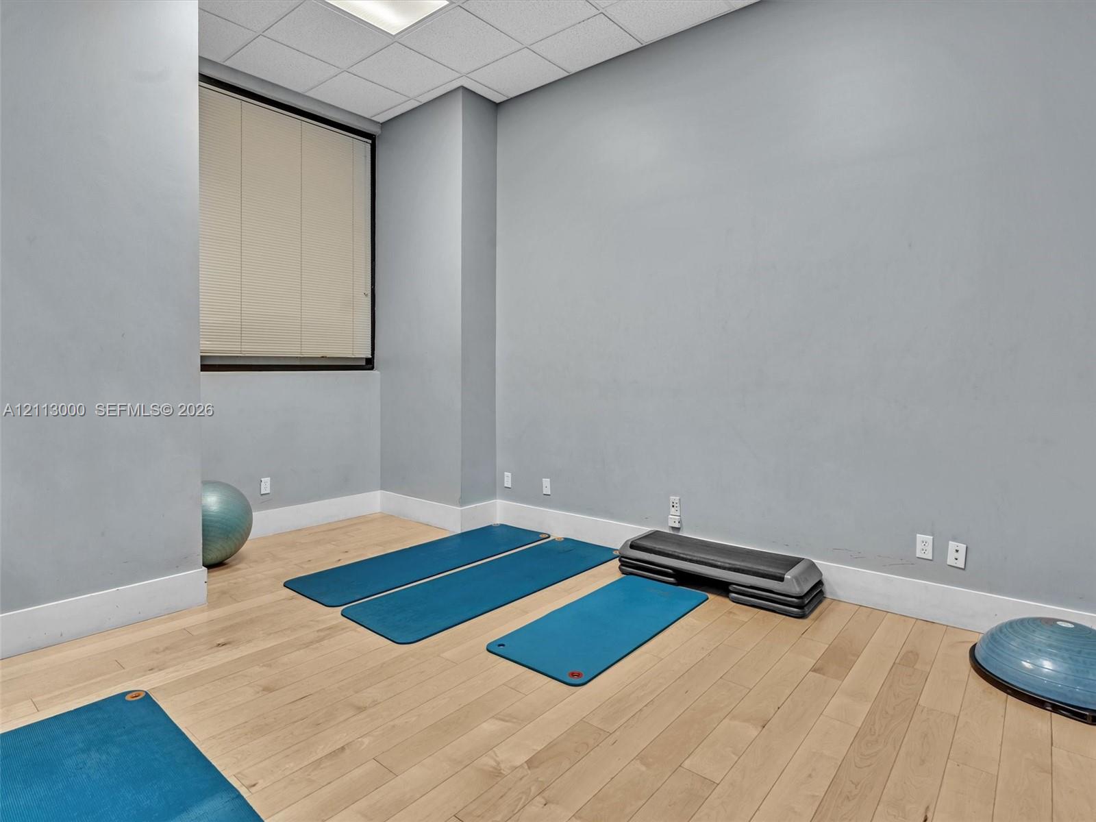 Neutral-toned interior space featuring wood-finish flooring, drop ceiling panels, a large window with fitted blinds, and crisp wall-to-wall paint
