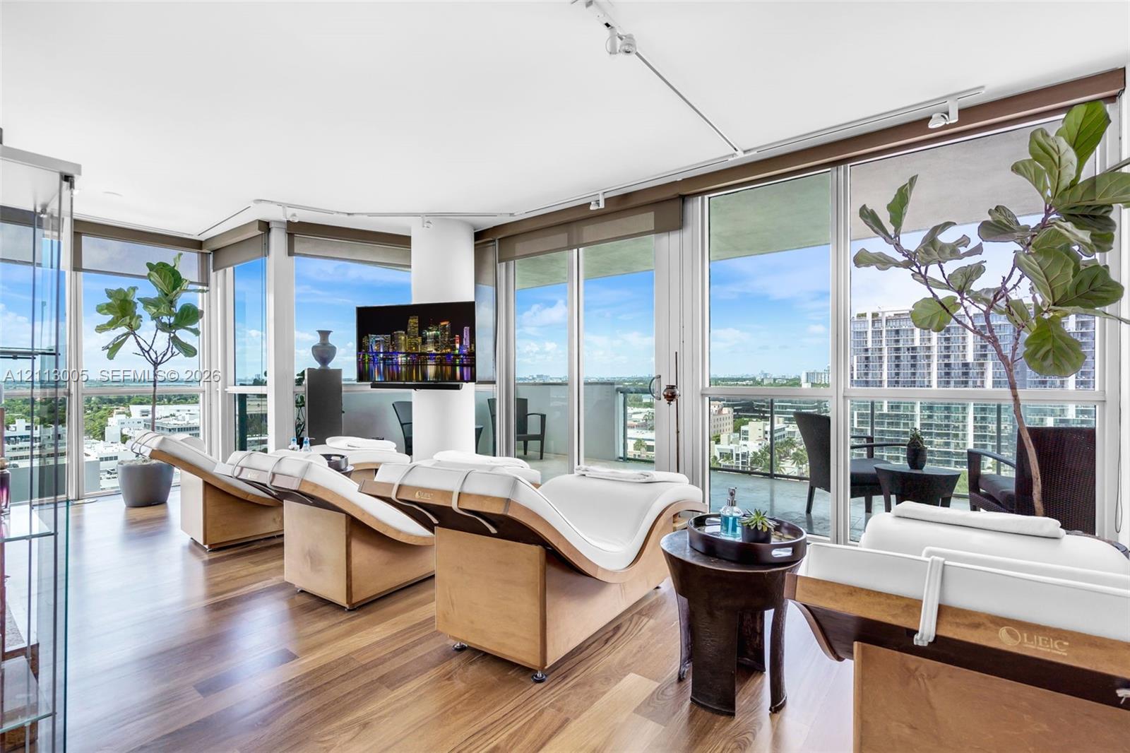 Floor-to-ceiling glass windows, wide-plank wood-finish flooring, track lighting, and private balcony access
