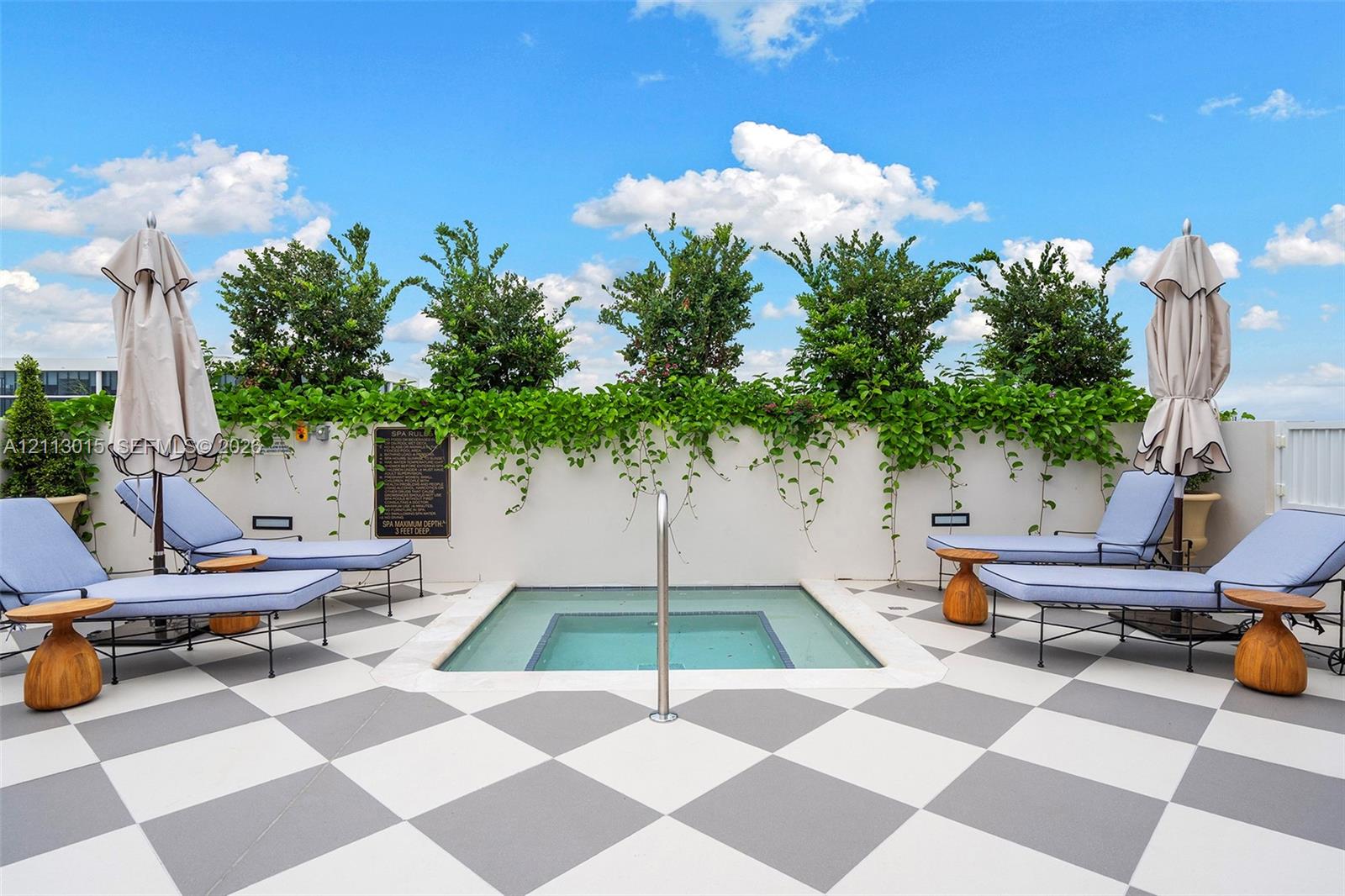 Rooftop terrace featuring a checkerboard-patterned tile deck, built-in recessed spa with a metal safety rail, and a perimeter wall adorned with climbing vegetation