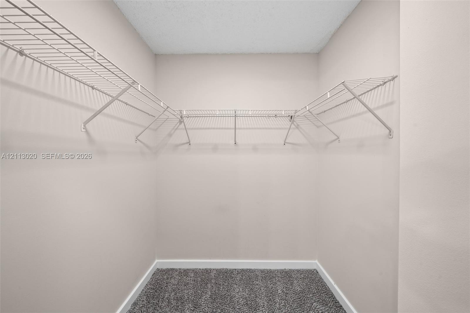 Walk-in storage space featuring neutral wall paint, gray carpeting, and white wire shelving