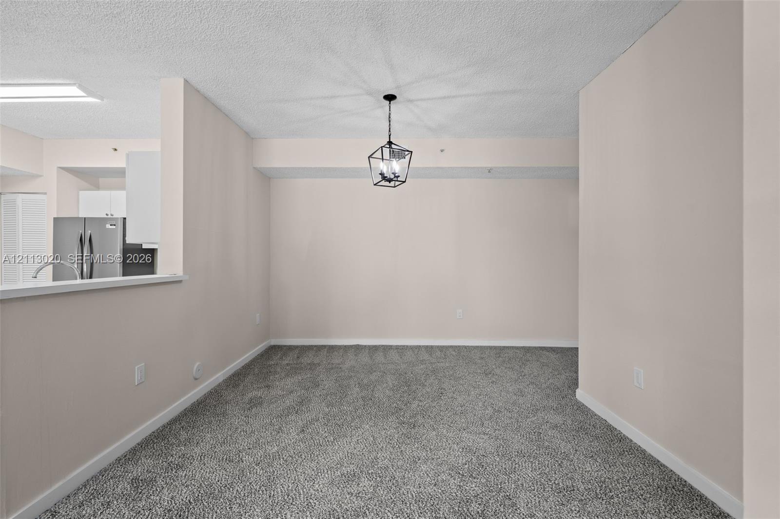 Interior space featuring neutral wall tones, textured ceiling, wall-to-wall carpeting, and a geometric metal pendant light fixture