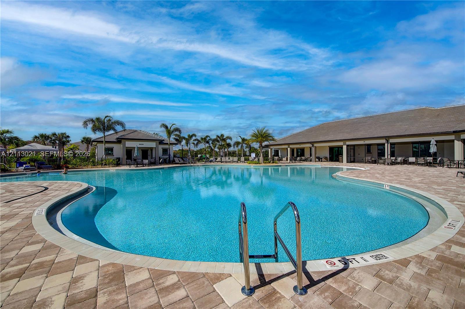 Swimming pool with concrete paver decking, metal entry rails, and surrounding palm trees