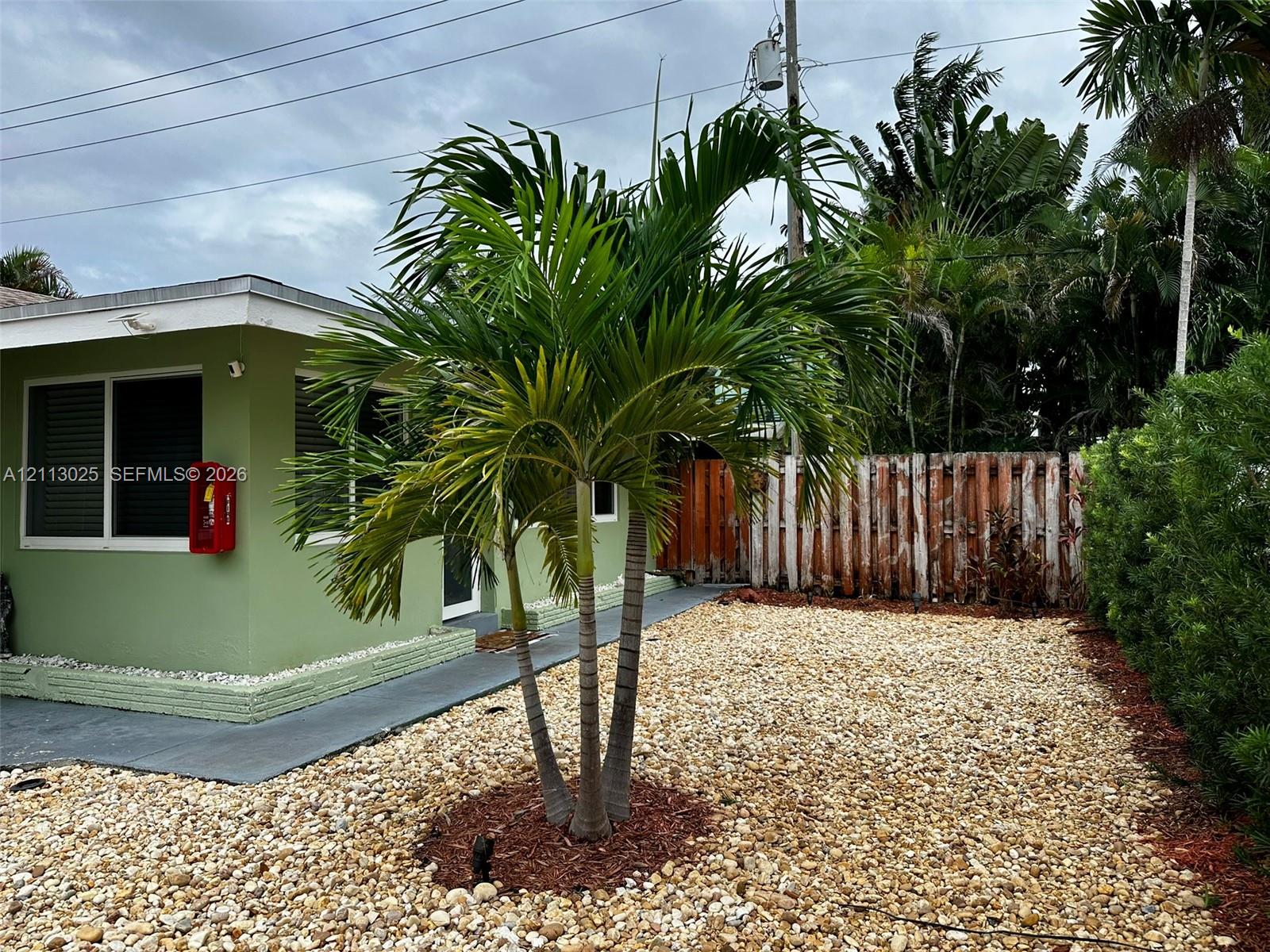 Exterior space featuring a low-maintenance gravel ground cover, mature palm trees, a concrete walkway, and a wood-slat privacy fence