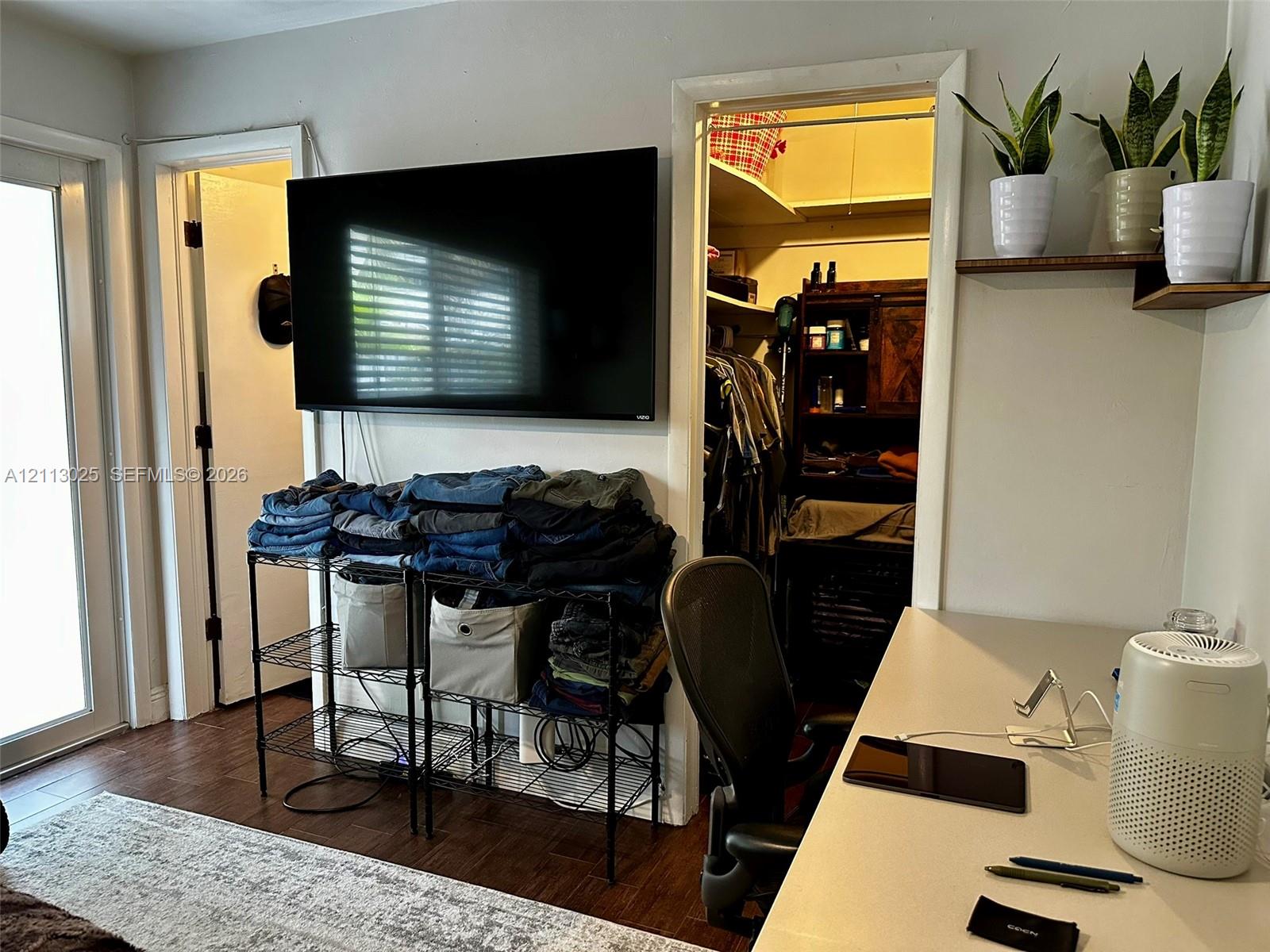 Wood-finish flooring, full-light glass door, and walk-in storage closet with built-in shelving