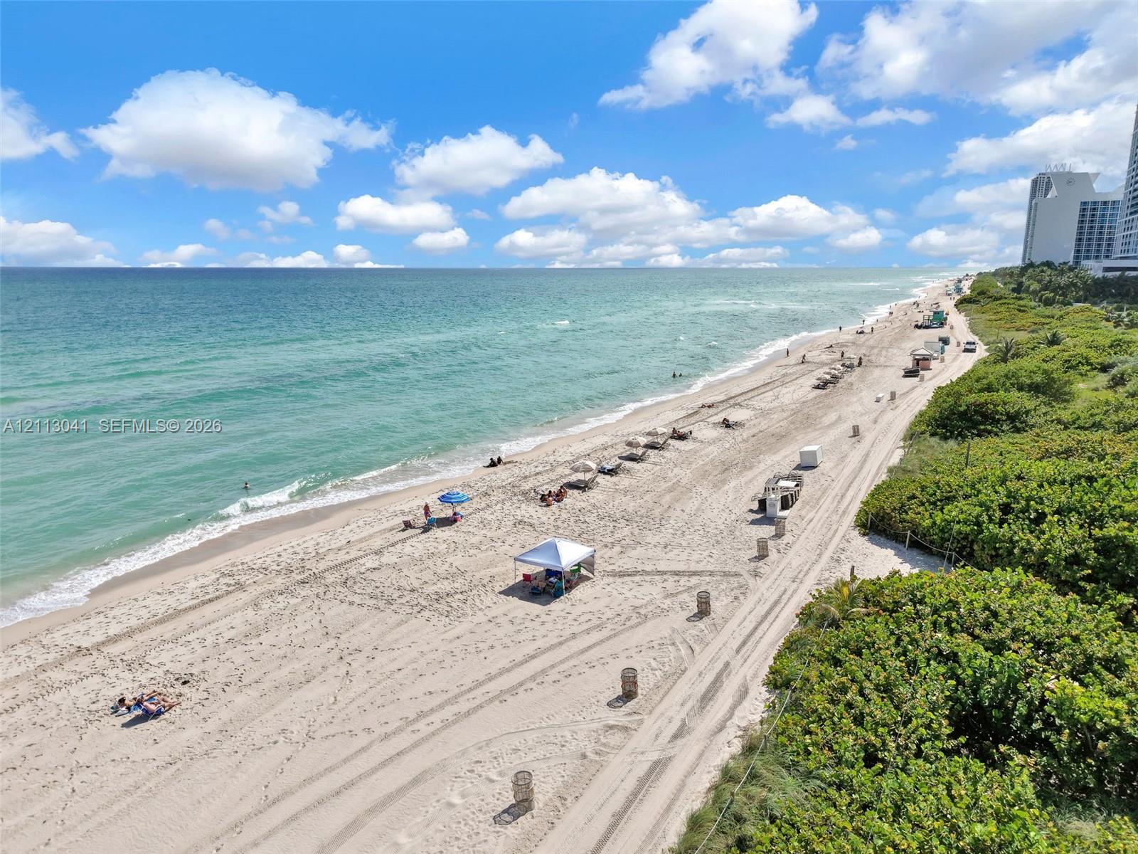 Direct oceanfront access featuring expansive sandy shoreline, turquoise water, and mature coastal vegetation