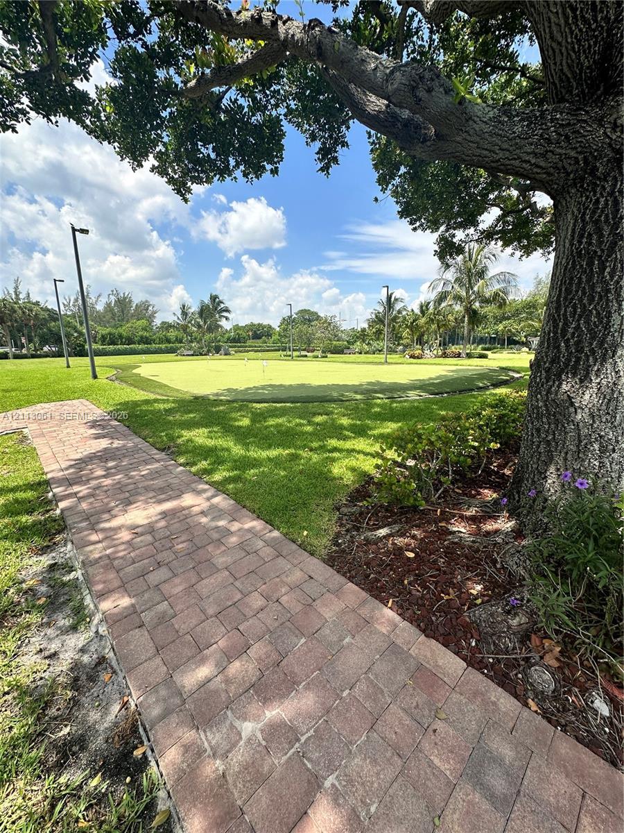 Expansive grounds featuring a manicured putting green, brick paver walkway, mature tree canopy, and landscape lighting