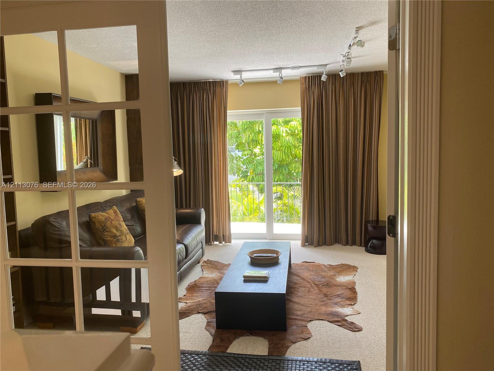 Glass-paneled French door entry, track lighting, and sliding glass doors with balcony access