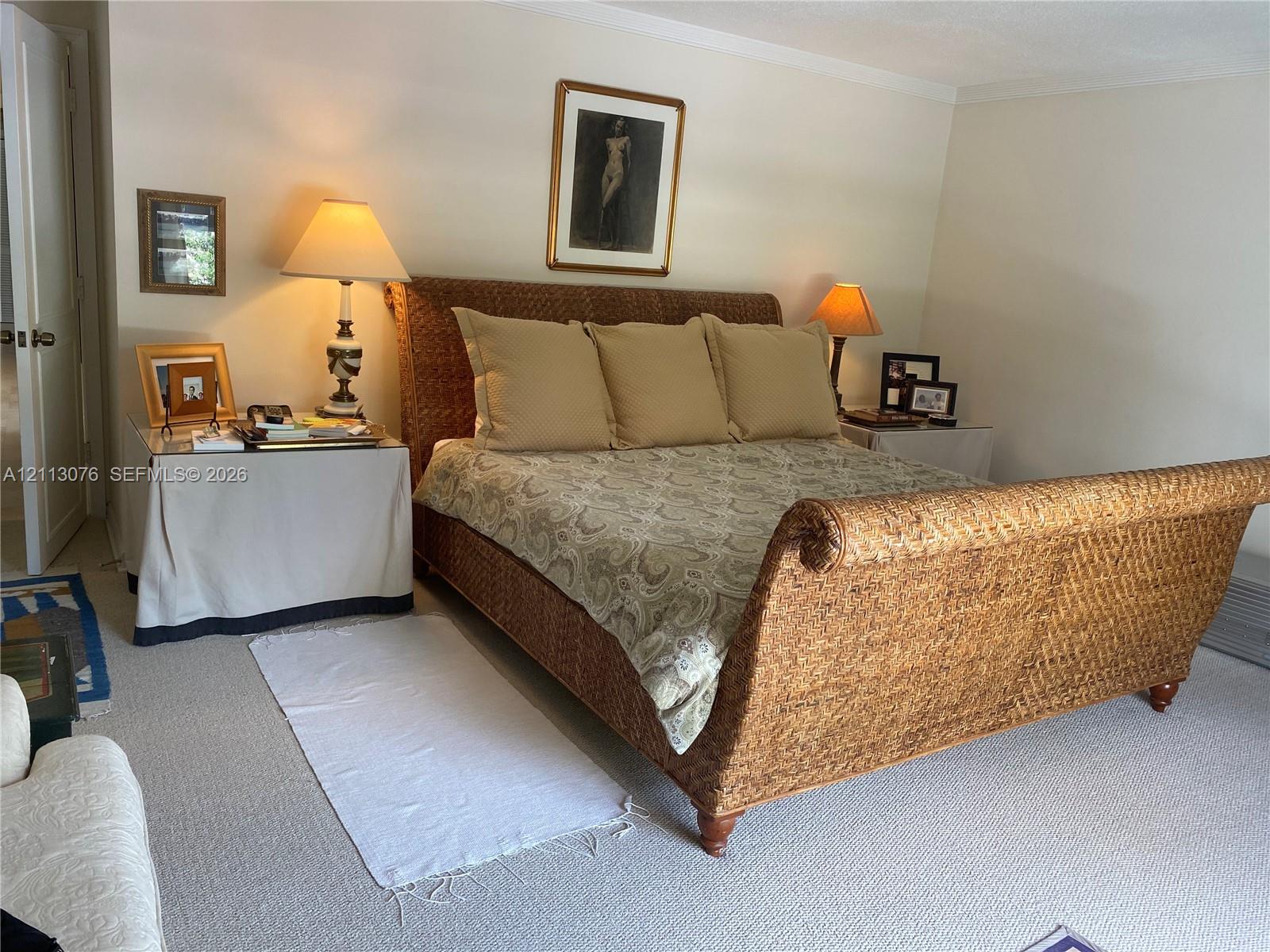 Neutral wall paint, crown molding, and wall-to-wall carpeting