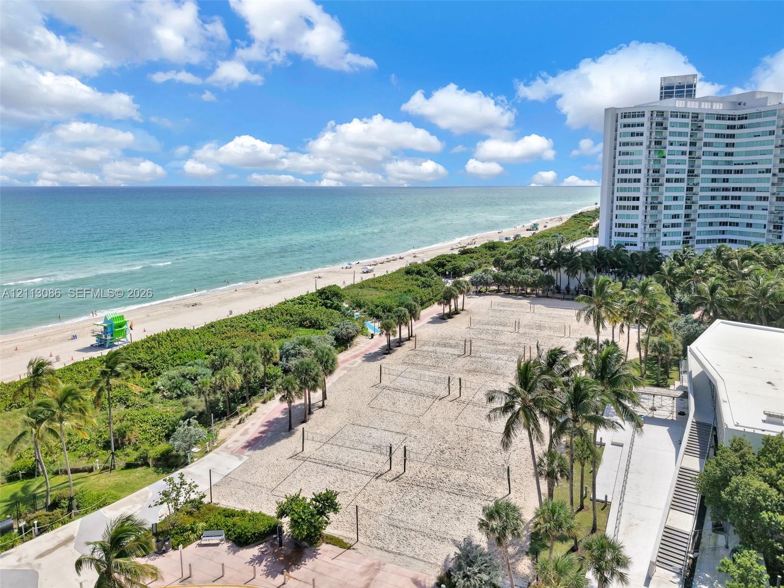 Direct oceanfront positioning featuring a sandy beach, mature palm trees, multi-court athletic sand surface, and paved pedestrian pathways
