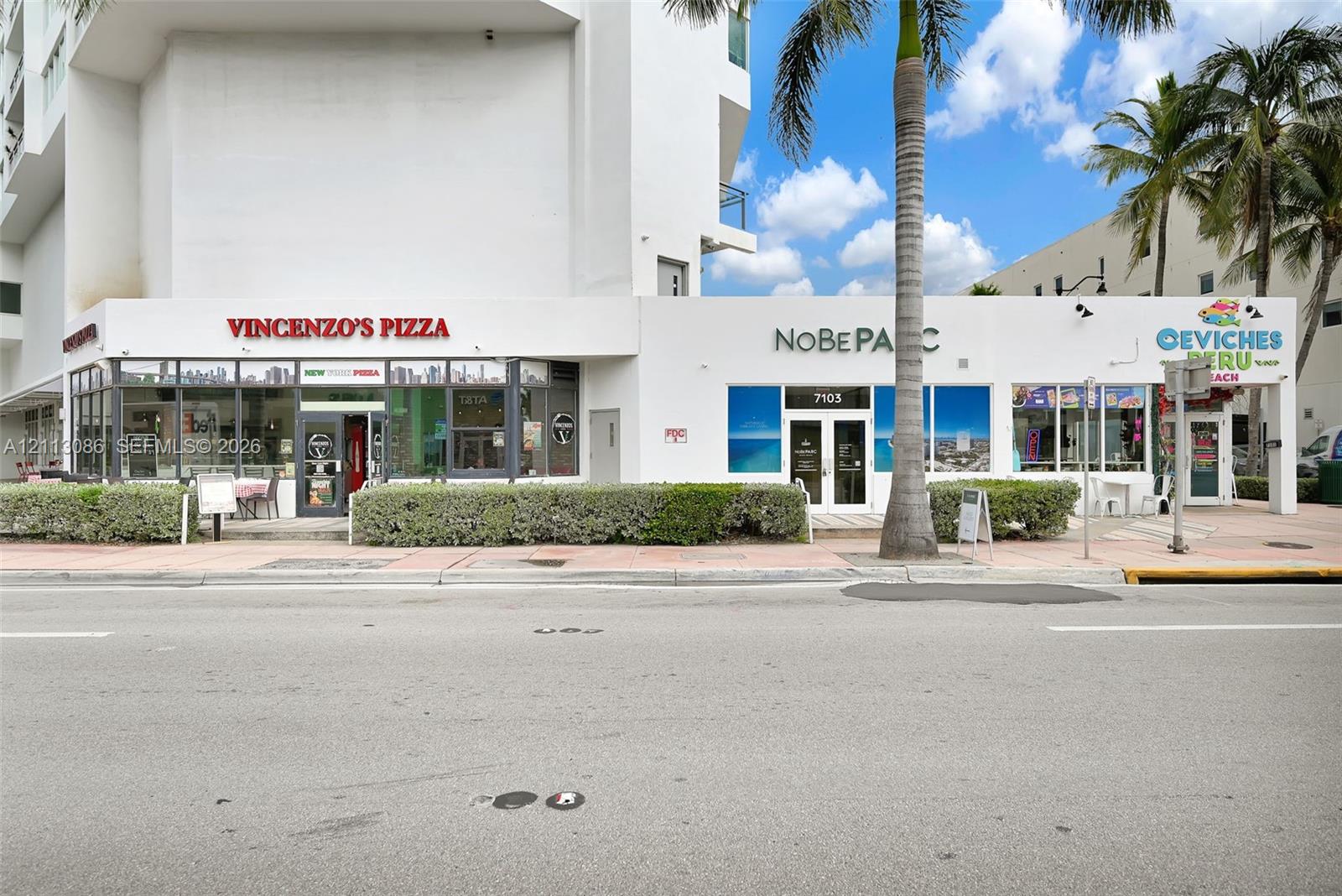 Street-level commercial storefronts featuring expansive glass windows, paved sidewalk access, and integrated landscaping