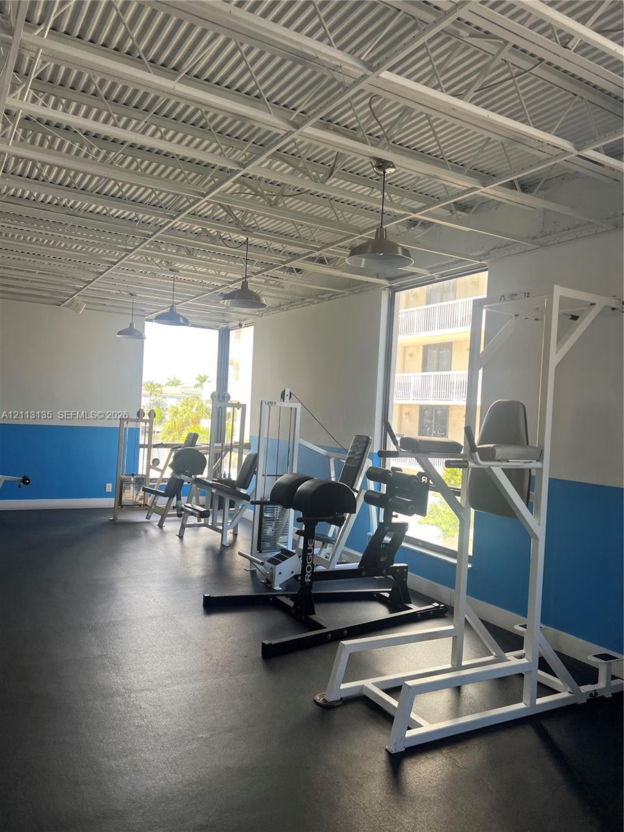 Fitness area featuring industrial exposed-truss ceilings, impact-resistant rubber flooring, and large windows with natural light