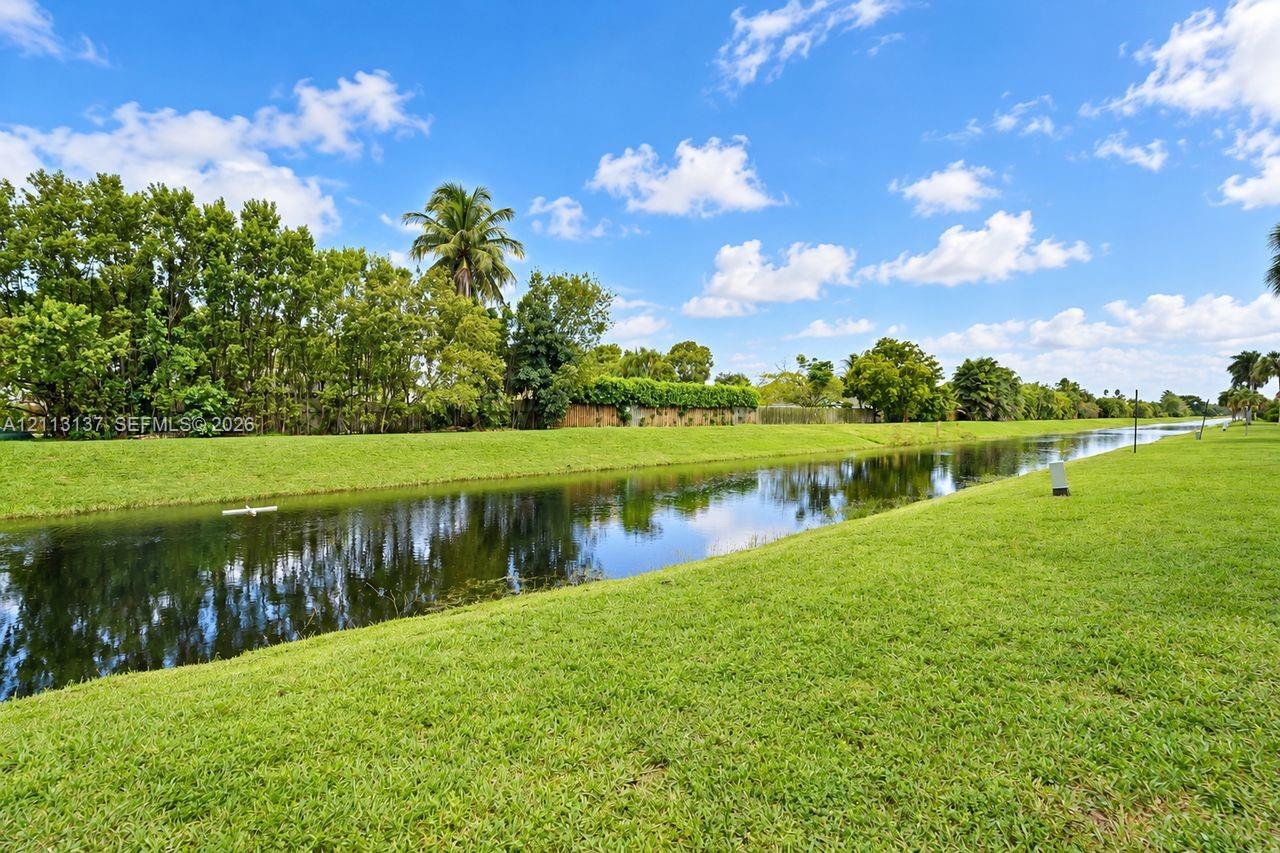 Waterfront lot featuring a grass lawn, mature trees, and palms