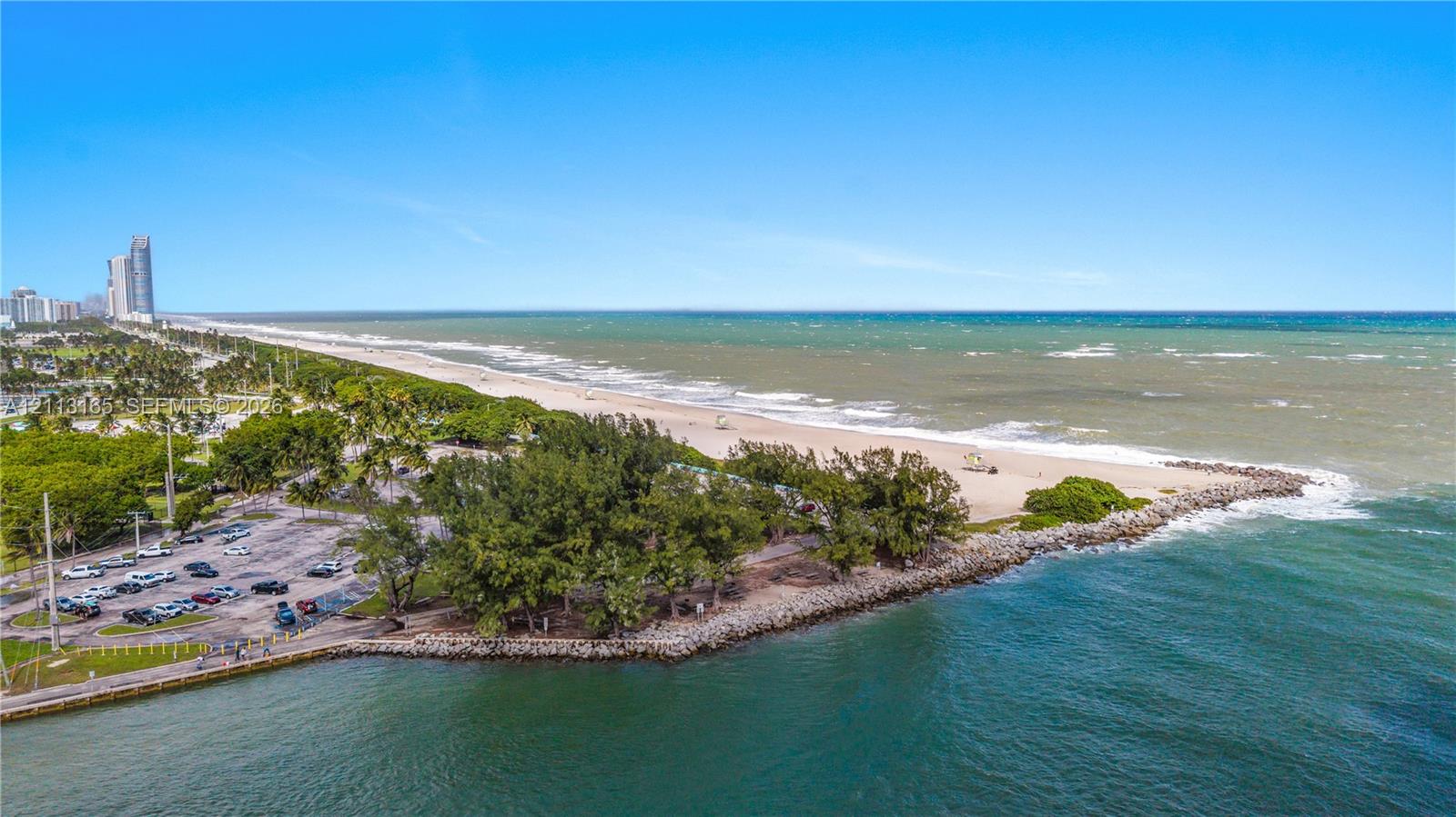 Coastal aerial perspective featuring an expansive sandy shoreline, ocean waterfront, and mature tree-lined landscape