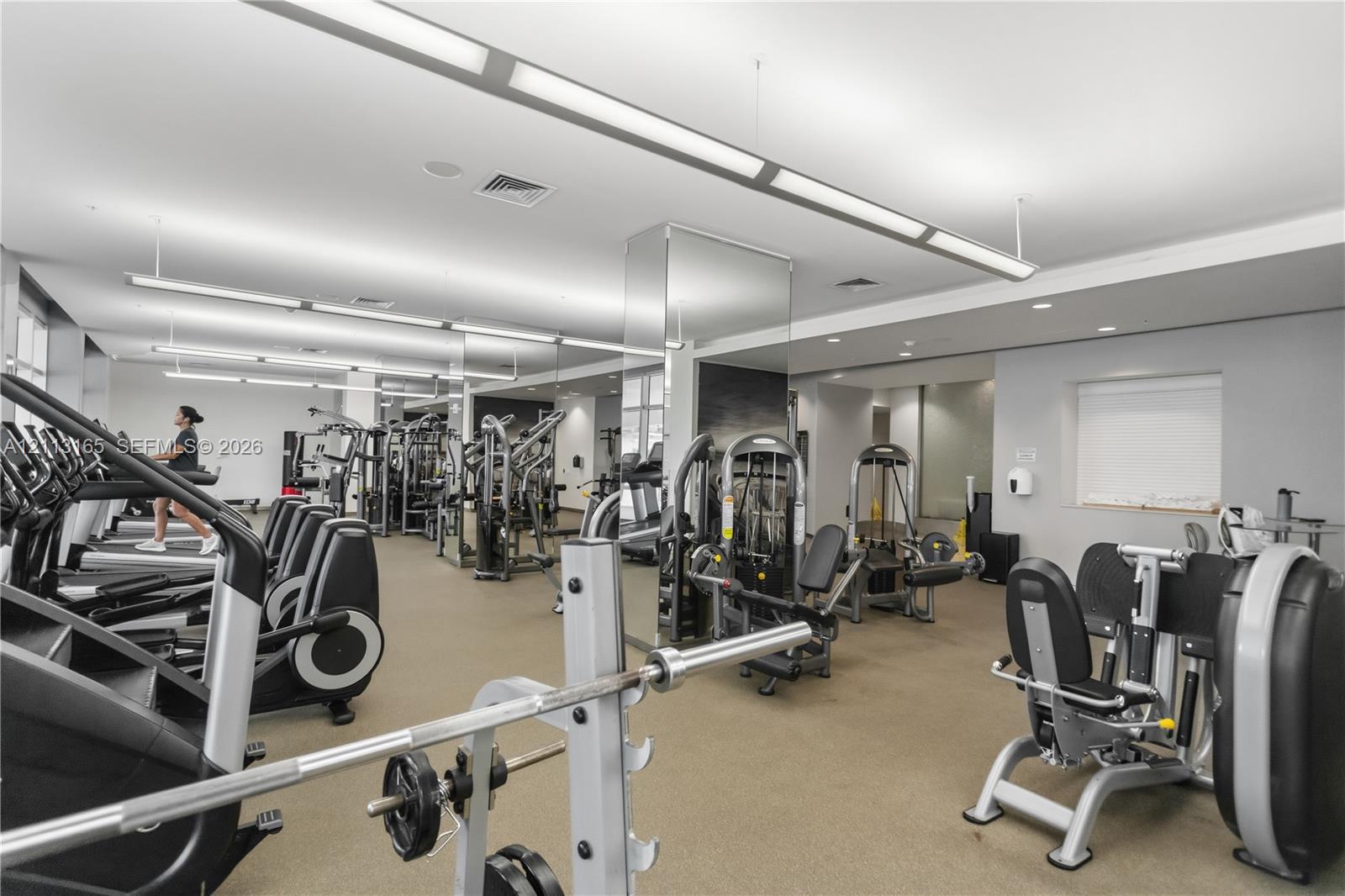 Fitness center featuring linear pendant lighting, expansive mirrors, wall-to-wall carpeting, and recessed ceiling lighting