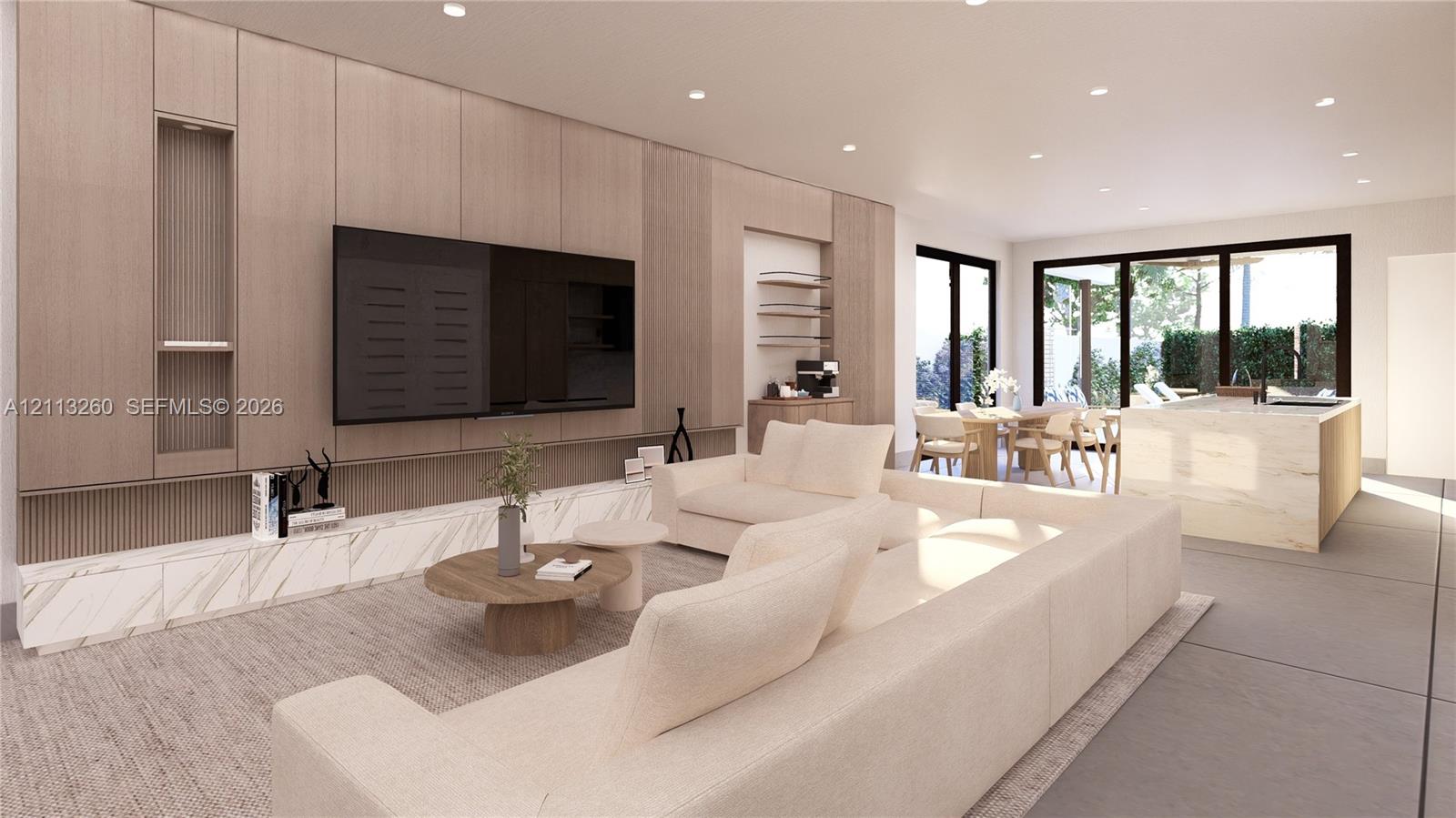 Full-height wood-panel cabinetry with integrated shelving, stone-finish low-profile built-in media console, recessed ceiling lighting, and large-format tile flooring