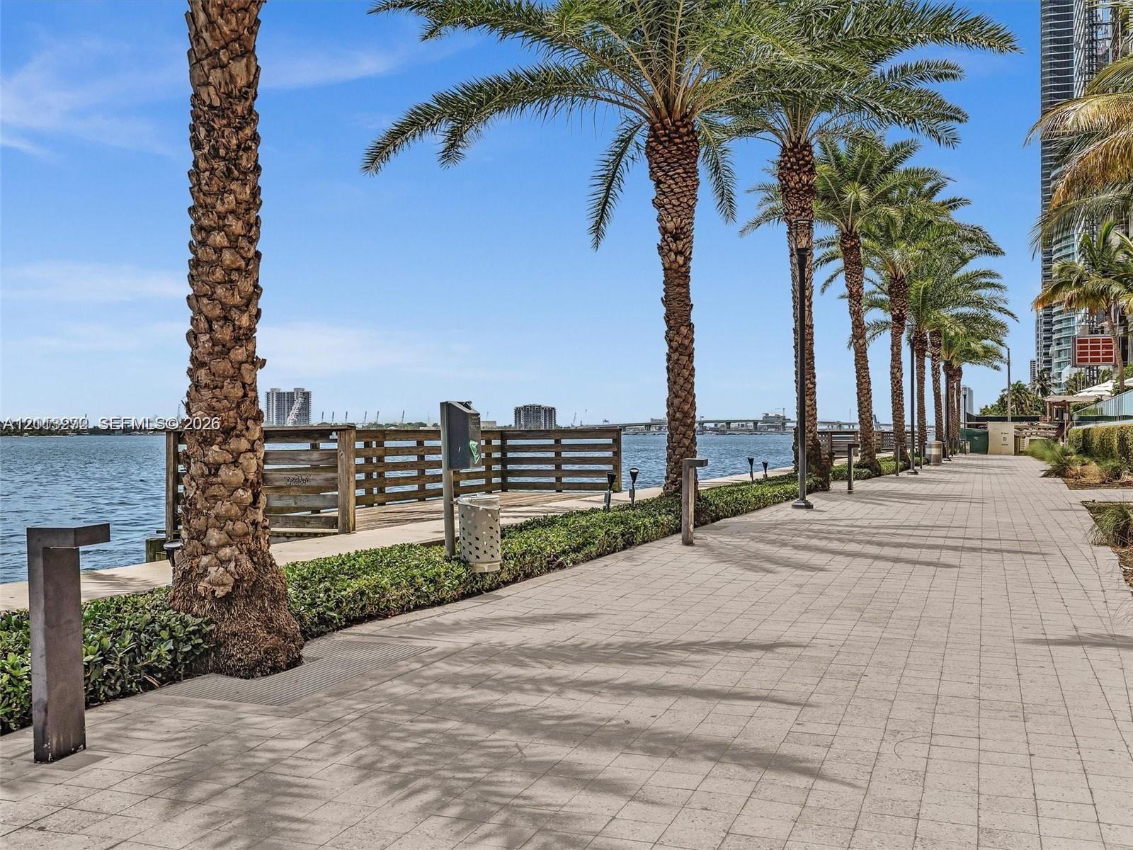 Waterfront walkway featuring paved stone surfacing, mature palm trees, integrated landscape lighting, and a timber guardrail