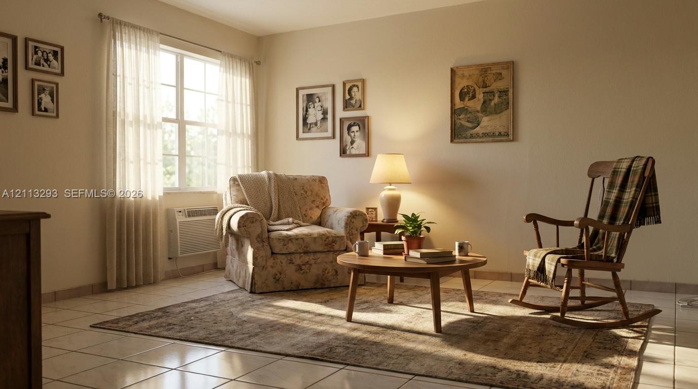 Neutral-toned interior space featuring light-colored ceramic tile flooring, a multi-pane window with custom trim, and a wall-mounted climate control unit
