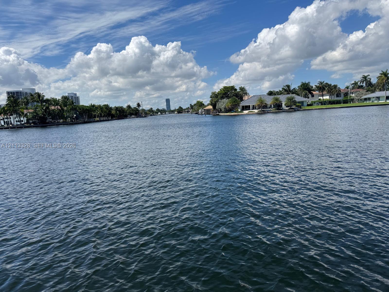 Waterfront property featuring a wide canal, palm trees, and residential coastal landscape