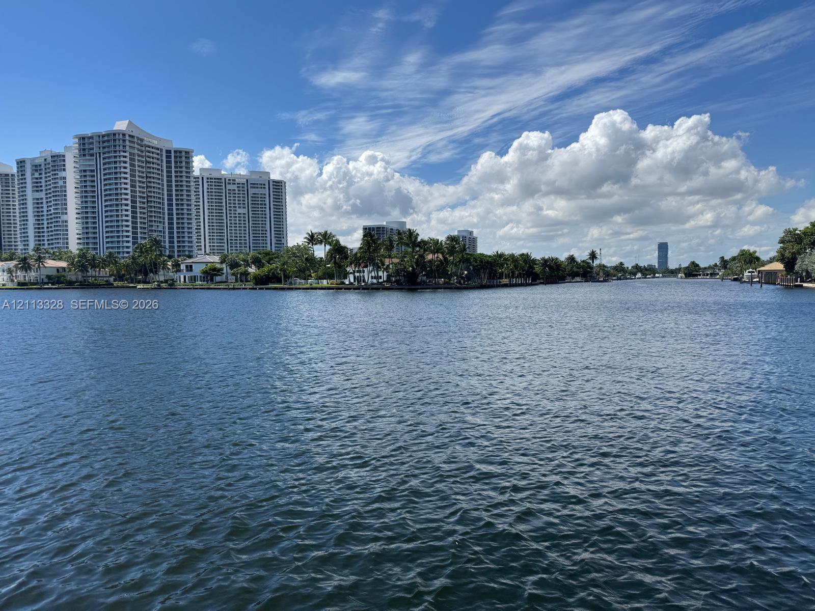 Waterfront property situated on a wide canal with mature palm trees
