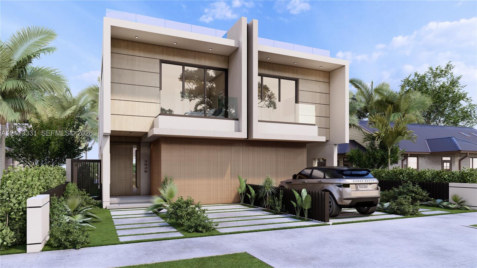 Contemporary two-story exterior featuring a wood-panel facade, floor-to-ceiling glass doors, upper-level balconies with glass railings, and a concrete paver driveway Contemporary two-story exterior featuring a wood-panel facade, floor-to-ceiling glass doors, upper-level balconies with glass railings, and a concrete paver driveway