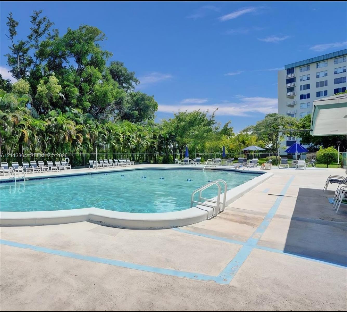 In-ground swimming pool featuring a concrete deck, metal handrails, and mature perimeter landscaping