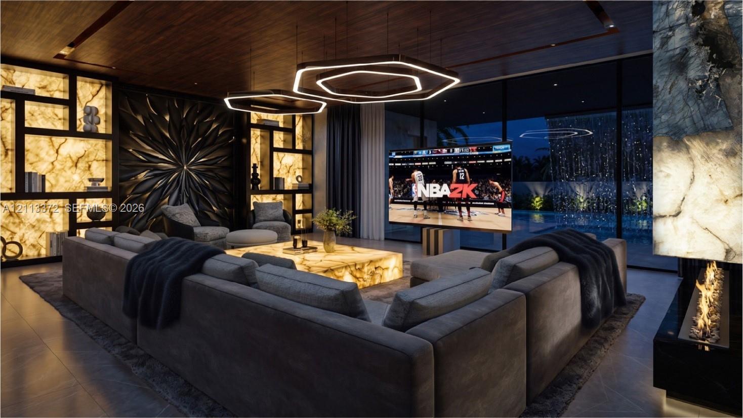 Living space featuring backlit stone shelving, a custom geometric wood-paneled ceiling, hexagonal pendant lighting, floor-to-ceiling glass wall panels, and a linear fireplace