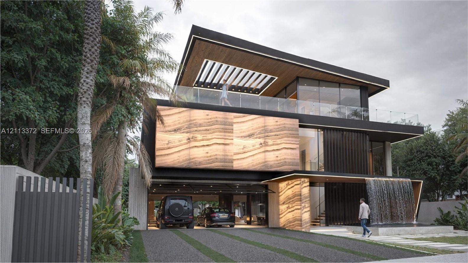 Modern architectural exterior featuring a tiered roofline, stone-paneled facade, integrated water feature, glass-railed balconies, and a covered ground-level parking area Modern architectural exterior featuring a tiered roofline, stone-paneled facade, integrated water feature, glass-railed balconies, and a covered ground-level parking area
