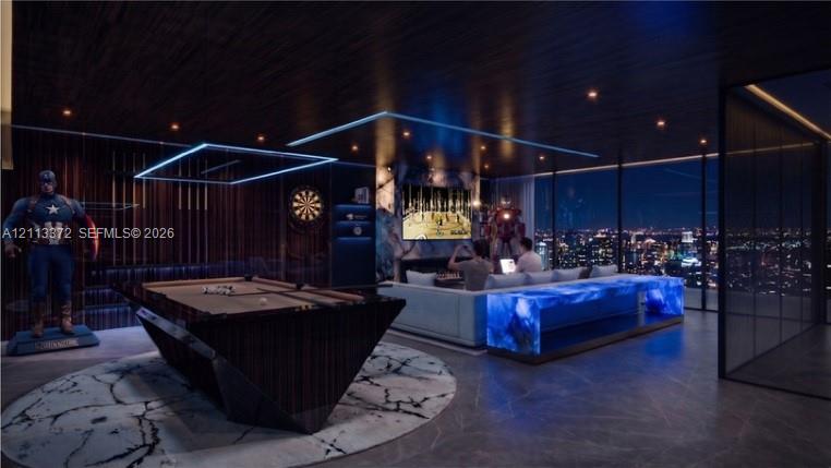 Floor-to-ceiling glass windows, recessed ceiling lighting, dark wood-finish wall paneling, stone-finish flooring, and integrated display shelving